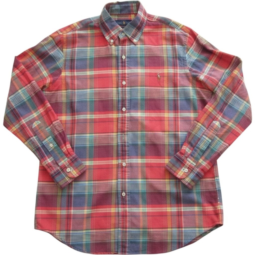 Ralph Lauren Preppy Men M Plaid Madras Long Sleeve OCBD Shirt Flesh Pony(M470)